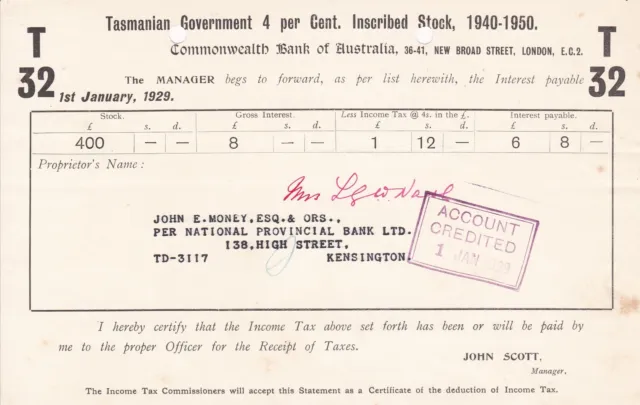 COMMONWEALTH BANK OF AUSTRALIA London Inscribed Stock 1929 Statement Ref 46013