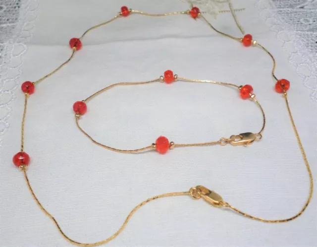 Bijoux jolie parure plaqué or collier et bracelet perles de cristal rouge orangé