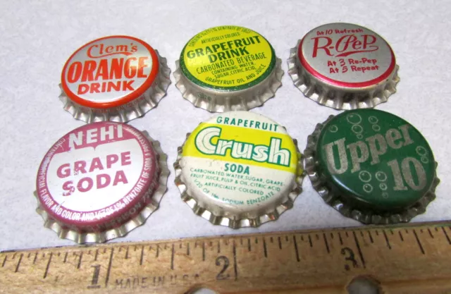 Vintage cork lined soda Bottle Cap set of 6 Different, R-pep, Clems, Nehi, more!