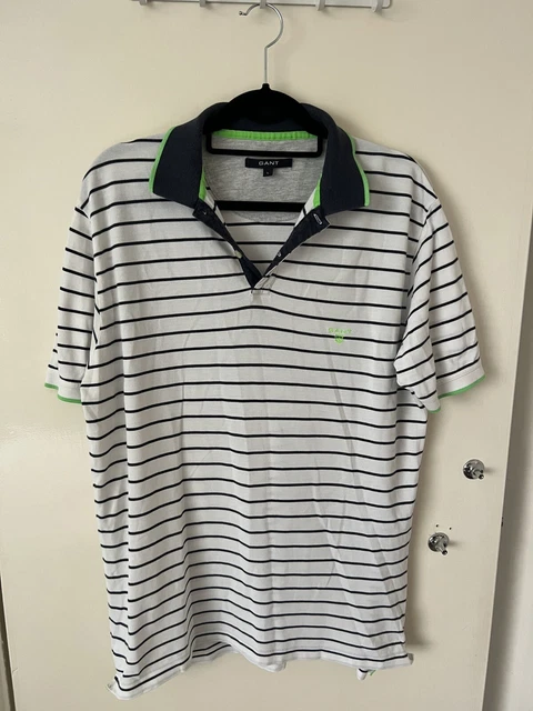 Polo da uomo Gant originale taglia large bianca con righe nere finiture verdi