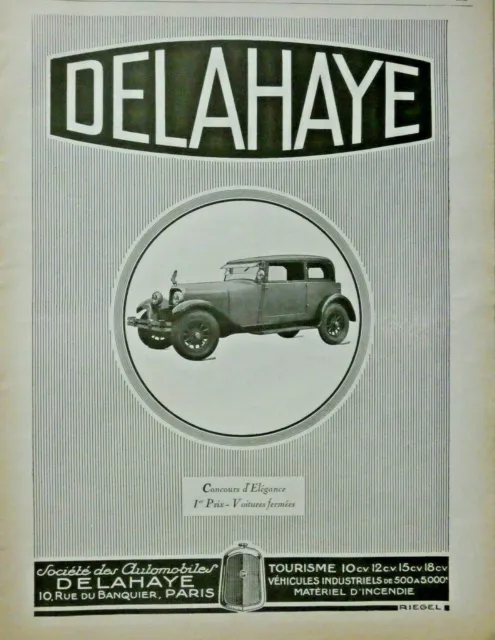 Publicité De Presse 1926 Automobiles Delahaye Concours D'élégance Voiture Fermée