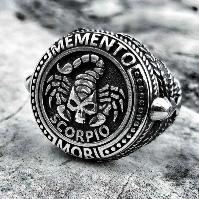 'Memento' Mori Tête de Mort Zodiaque Scorpion Signe 925 ARGENT Oxydé Homme Bague