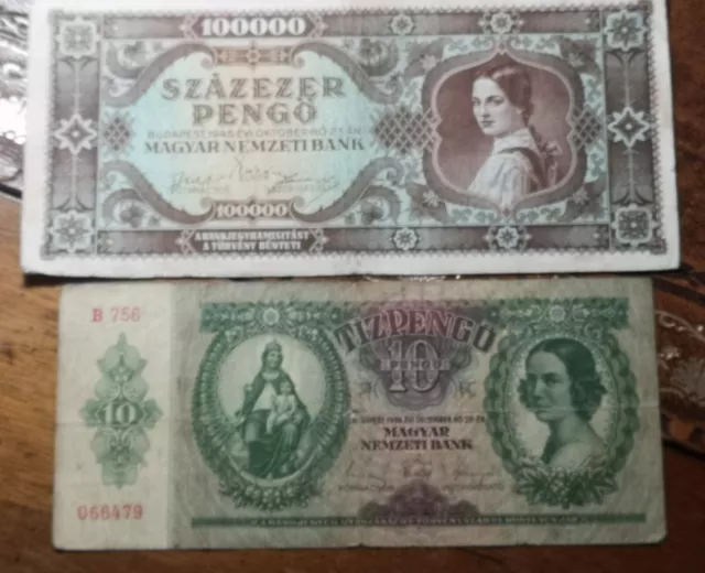 2 Hungarian Banknotes 10 Pengo 1936-1945 Old Money Hungary