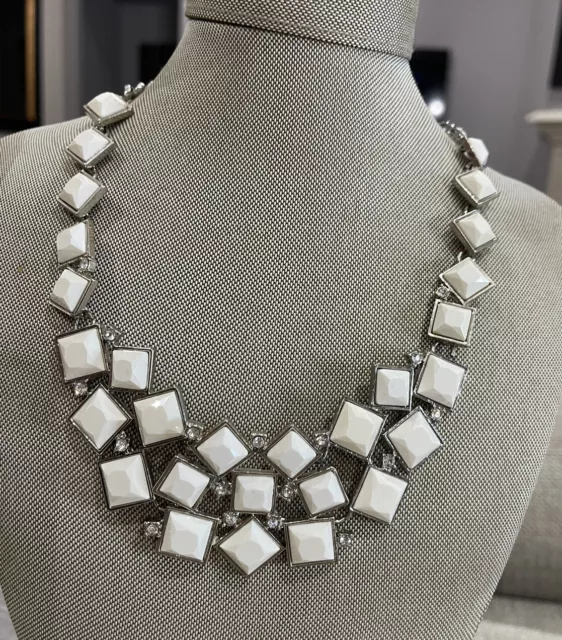 Signed LOFT White Squares Silver Tone Bib Statement Designer Necklace