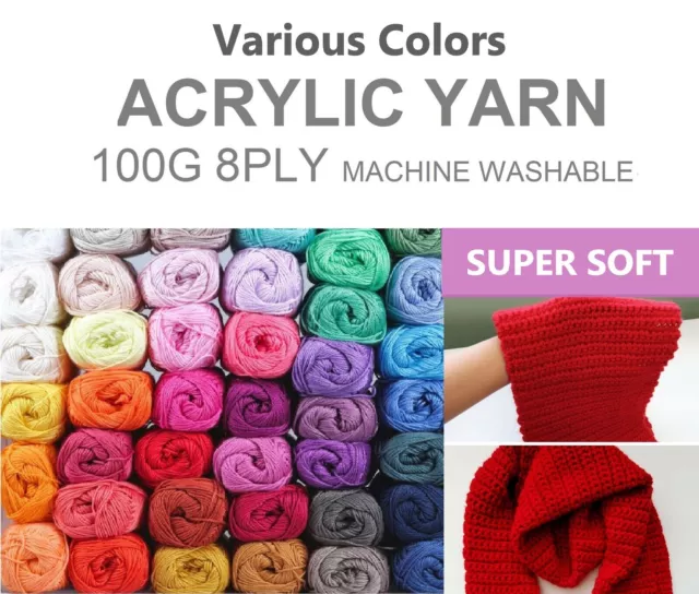 Super Value Knitting Yarn Wool Acrylic 8 Ply 100g Various Colors