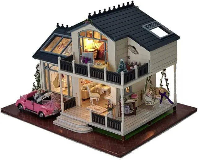 3D Wooden Miniature Dollhouse Kit DIY House Kit with Furniture,1:24 Scale DIY Do