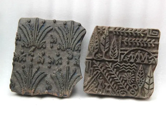 Vintage Wooden Printing Blocks Hand Carved Textile Fabric Stamps Decorative 2pc
