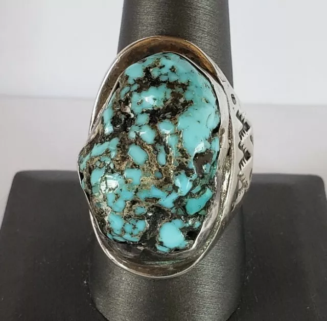 Rare Vintage Sterling Silver .925 Ring w/ Chunky Morenci Turquoise Stone Sz 10.5