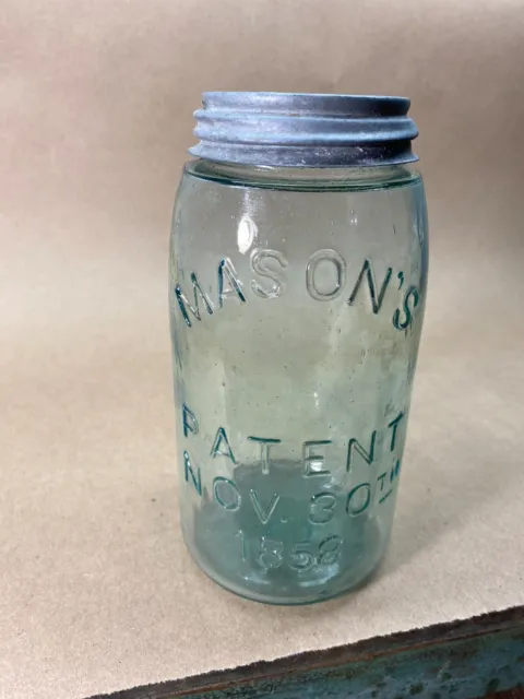 #14 Vintage Zinc Lid Atlas Mason Jar Quart Mold 14 Blue Green glass 1858