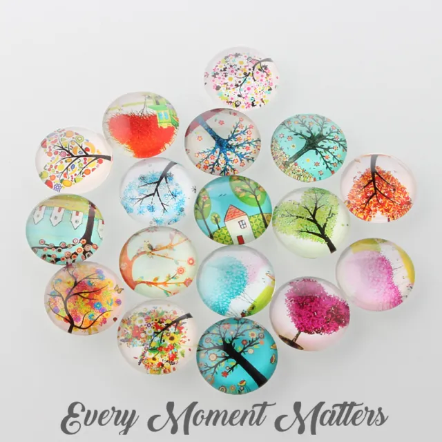 10 x 12mm TREE OF LIFE GLASS DOME FLAT BACK CABOCHONS MIXED DESIGNS 12mm
