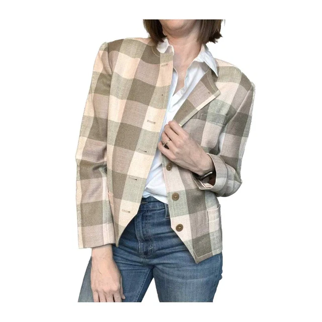Vintage Louis Feraud Buffalo Plaid Blazer Square Cut Button Blazer Pink Brown 12
