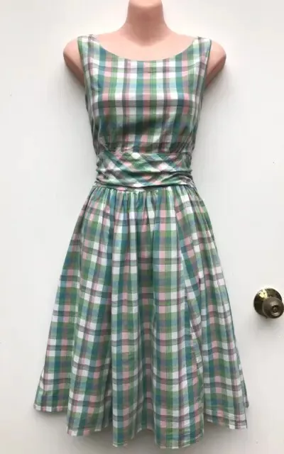REVIVAL/DANGERFIELD Green & Pink Check Retro,50's,Vintage Styled Dress sz 6 EUC