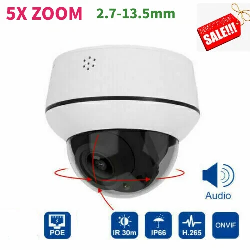 5MP IP IR PTZ Camera POE Dome 5X Zoom Onvif 2-Way Audio 2.7-13.5mm IP66 ...