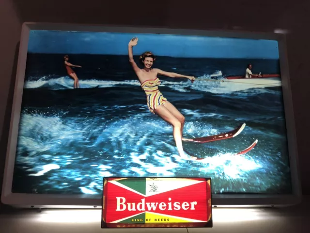 Vintage 1950’s Budweiser Beer Lighted Sign Girl Waterskiing ￼lake Boat Sign Lite