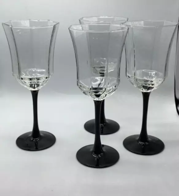 Arcoroc Black Stem Octime Water Goblets 8 1/4” Tall, France, Set of 4