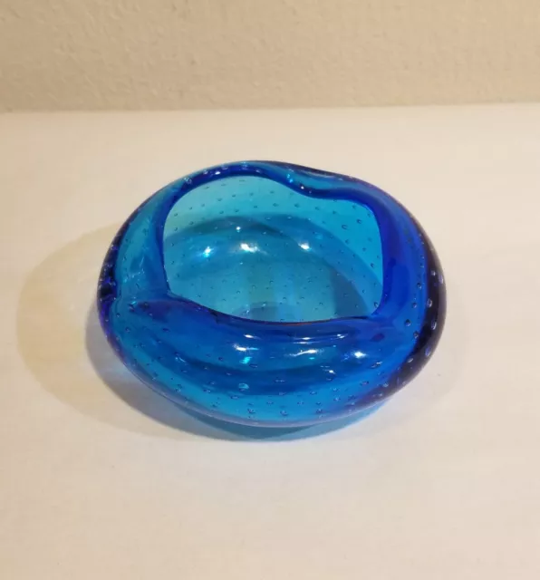 Vintage MCM Blue Art Glass Bullicante Controlled Bubble Ashtray Hand Blown