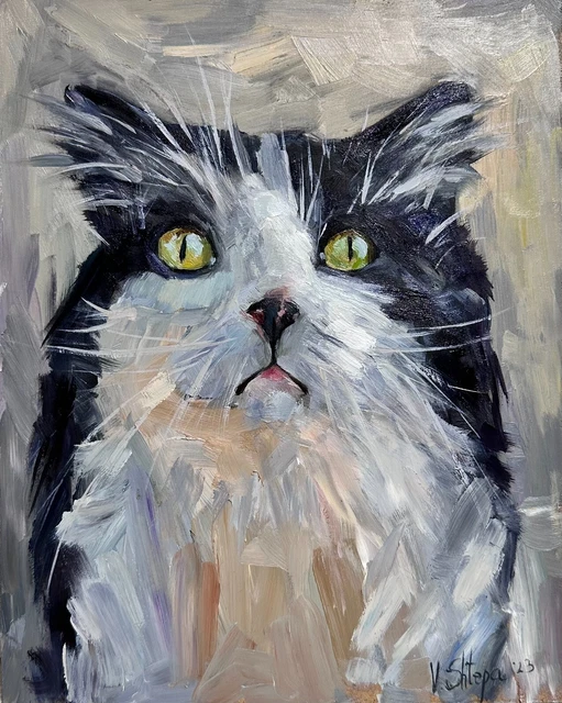 Oil Painting Original Black Cat Portrait Impressionism Kitten Painting Signed
