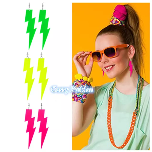 SN-D3-4 1970s 1980s Hippie Neon Fluro Earrings Lightning Shape Costume Jewellery