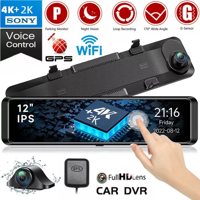 4K 12" Dash Cam Mirror GPS WiFi Car Rear View Backup Dual Camera IR Night Vision