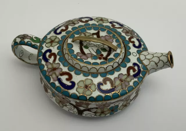 Miniature Decorative Cloisonne Enamel & Copper Flat Tea Pot