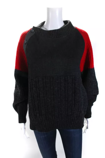 Madigan Womens Wool Knit Colorblock With Button Crewneck Sweater Gray Size L