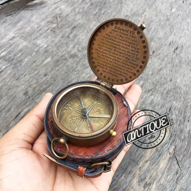 Vintage SOLID BRASS ENGRAVED COMPASS POCKET EDWARD COMPASS WITH LEATHER CAS