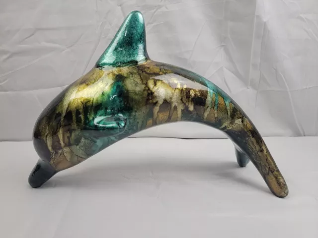 Large Turquoise & Gold Dolphin Porpoise Statue Figurine Home Decoration