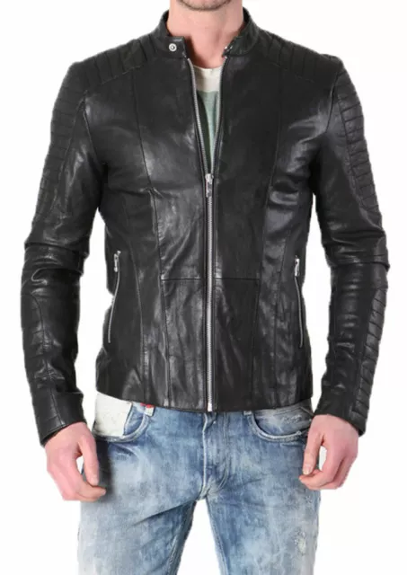 Giacca di pelle da Biker Uomo Nero Vintage Slim Fit Moto Giacca IN Vera Pelle