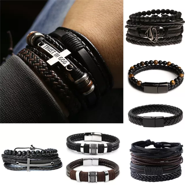 Fashion Mens Punk Leather Wrap Braided Wristband Cuff Punk Bracelet Bangle Gift