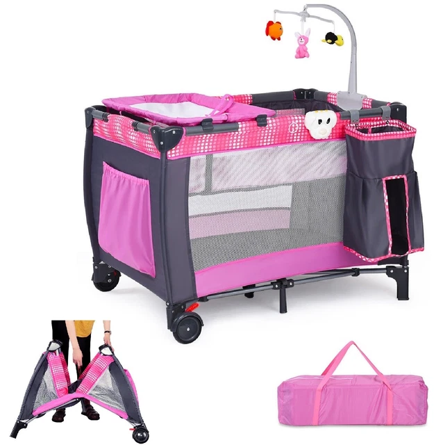 Pink Foldable Baby Crib Cot Playpen Playard Travel Infant Bassinet Bed Music Box