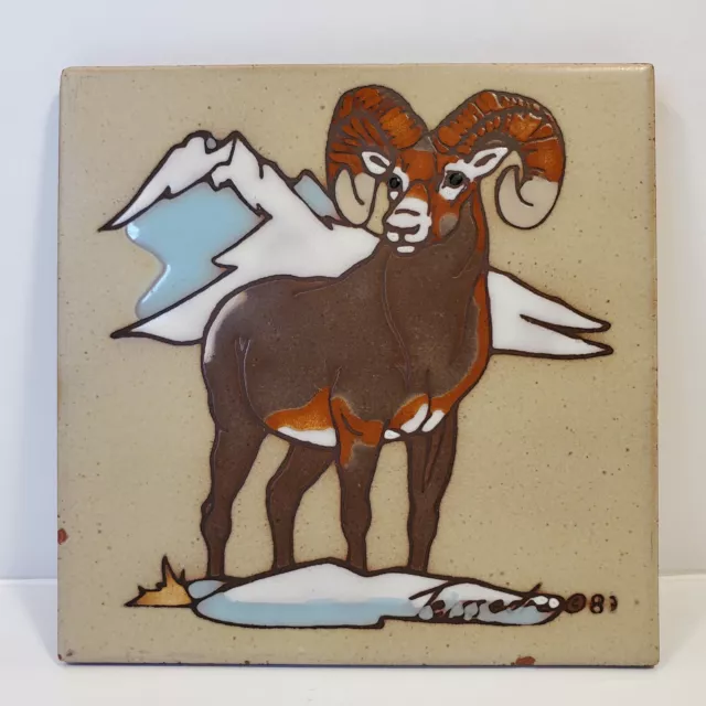 VTG Terra Cotta Clay Glazed Art Tile Ram Mountain Abstract Made in Italy Signed