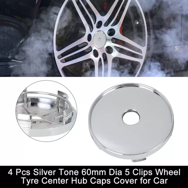4 Pcs 60mm Dia Silver Tone 5 Clips Wheel Center Tyre Rim Hub Cap Cover for Car