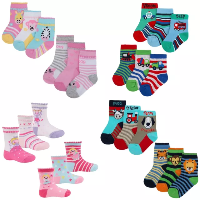 Baby Boys Girls Pack Of 3 Socks Fun Colourful 0-18 Months Princess Fairy Trucks