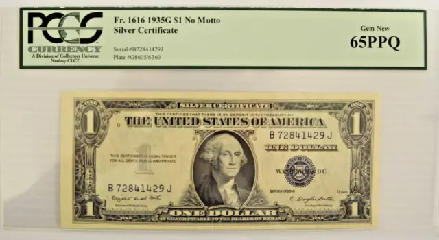 Pcgs Ppq Graded 65, 1935G    $1 No Motto   Silver Certificate  (Gem New)