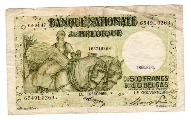 Belgique Belgium BILLET 50 Francs 08/04/ 1947 10 BELGAS  P106  CHEVAUX BON ETAT