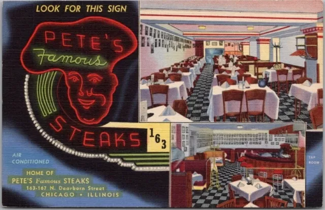 CHICAGO Illinois Postcard PETE'S FAMOUS STEAKS Curteich Linen Unused c1940