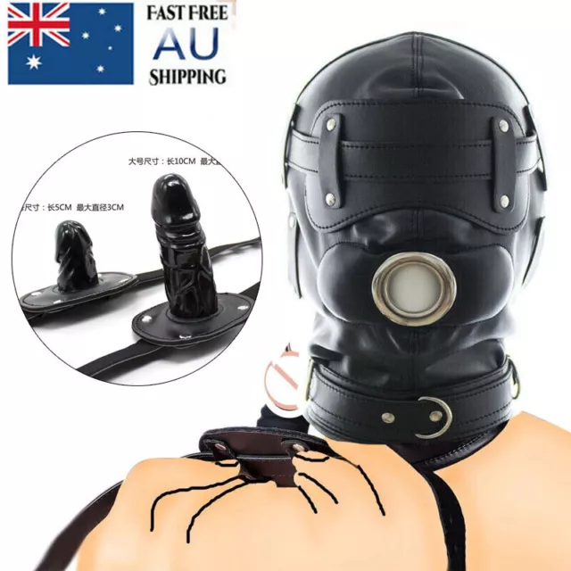 AU Bondage Hood Mask Head Harness with Plug Lockable Riding Mouth Gag Gimp BDSM