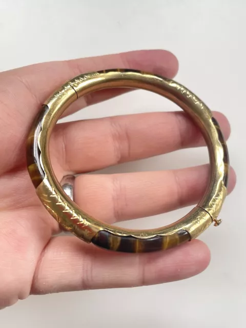 Vintage Asian Chinese Gold Plated Yellow Tiger's Eye Hinged Bangle Bracelet 59mm