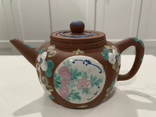 Antique Yixing Zisha Clay Teapot With Colorful Glaze Of flowers signed