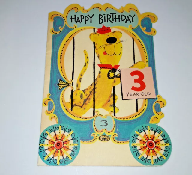 Anthropomorphic Cheetah Leopard Birthday Card 3 years Forget me Not Vintage JJ1
