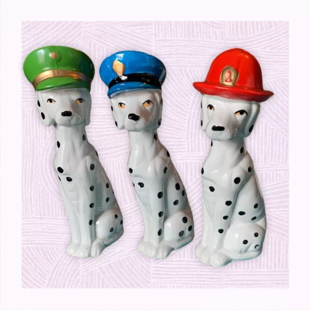 Set of 3 Dalmation Figurines in Serviceman Hats (red, Green, & Blue)