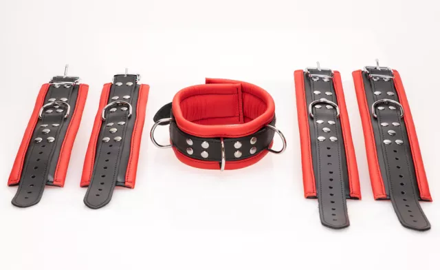 Rindleder Fesselset BDSM Bondage Halsband Handfessel Fußfessel rot Manschetten