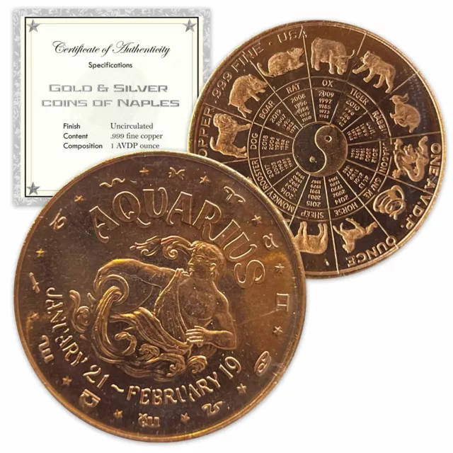 1 oz Copper Round - Aquarius in a capsule & gift bag