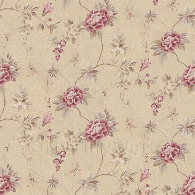 Pack of 5 Dolls House Dark Pink Trailing Flower Design Wallpaper Sheets