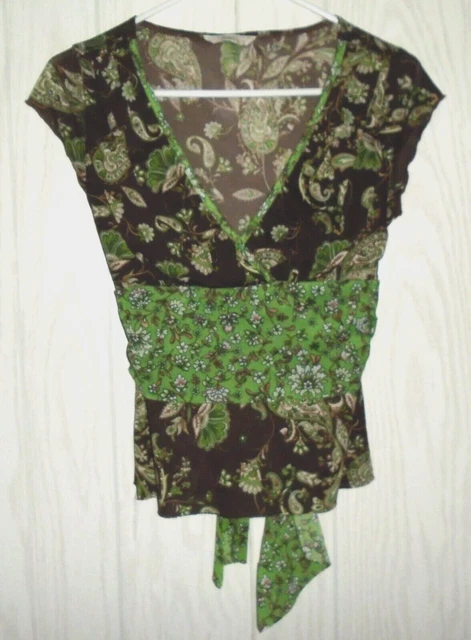 Speechless Brown Green Paisley Boho V-Neck Top Sashes Tie Back Junior SMALL  EUC