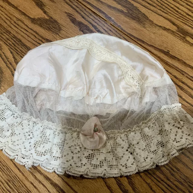 Antique Edwardian Silk/Rayon Boudoir Sleep Cap Hat With Lace and A Ribbon Flower