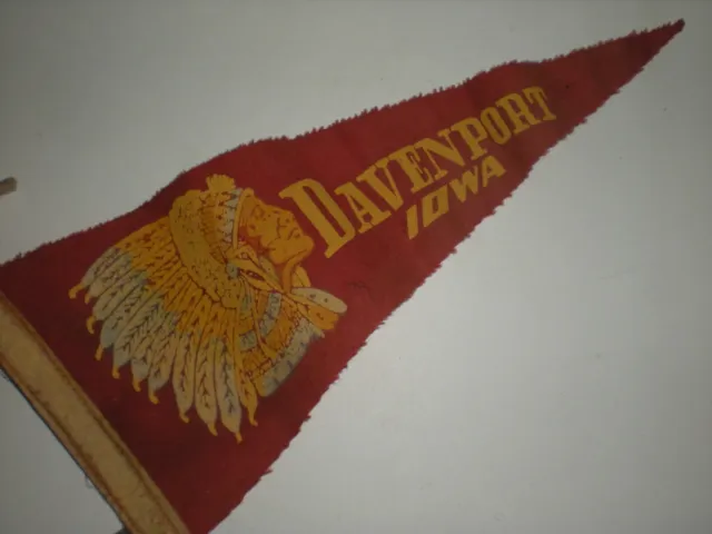 Very Old Pennant Banner Flag Davenport Iowa Indian Chief Headdress vtg