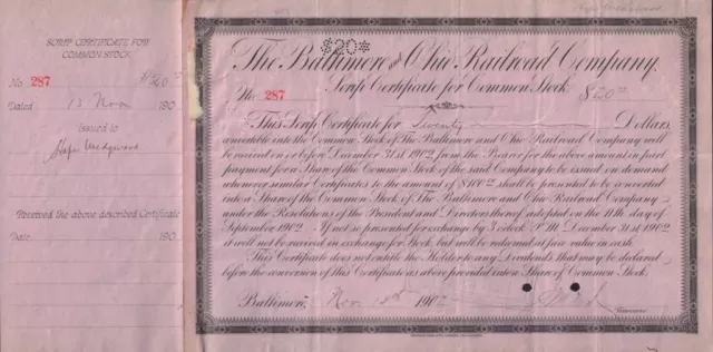 BALTIMORE & OHIO RAILROAD CO  Scrip Certificate dd 1902