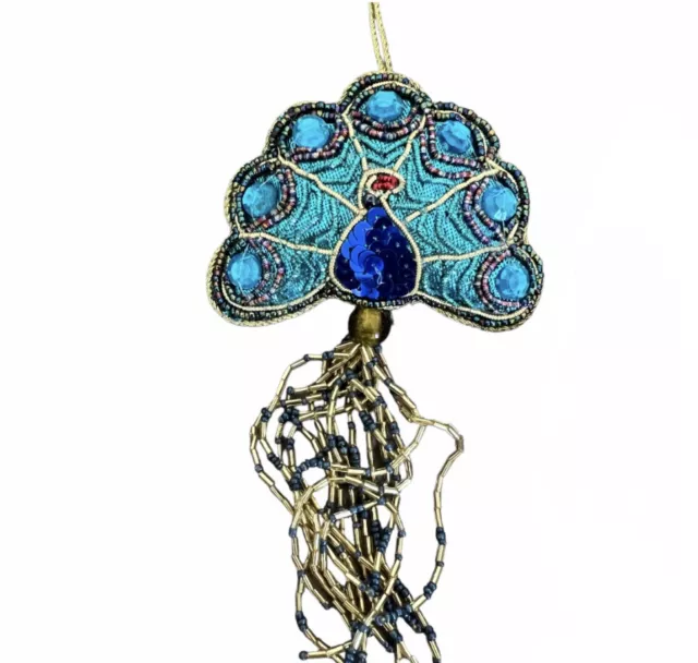 Art Deco Peacock Beaded Ornament Exotic Bird Animal Zoo Egypt Safari Patch Glass