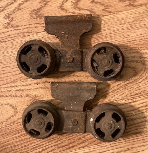 Antique Vtg Barn Door Track Rollers Wheels Cast Iron Hangers-2 pair and 1 single 8